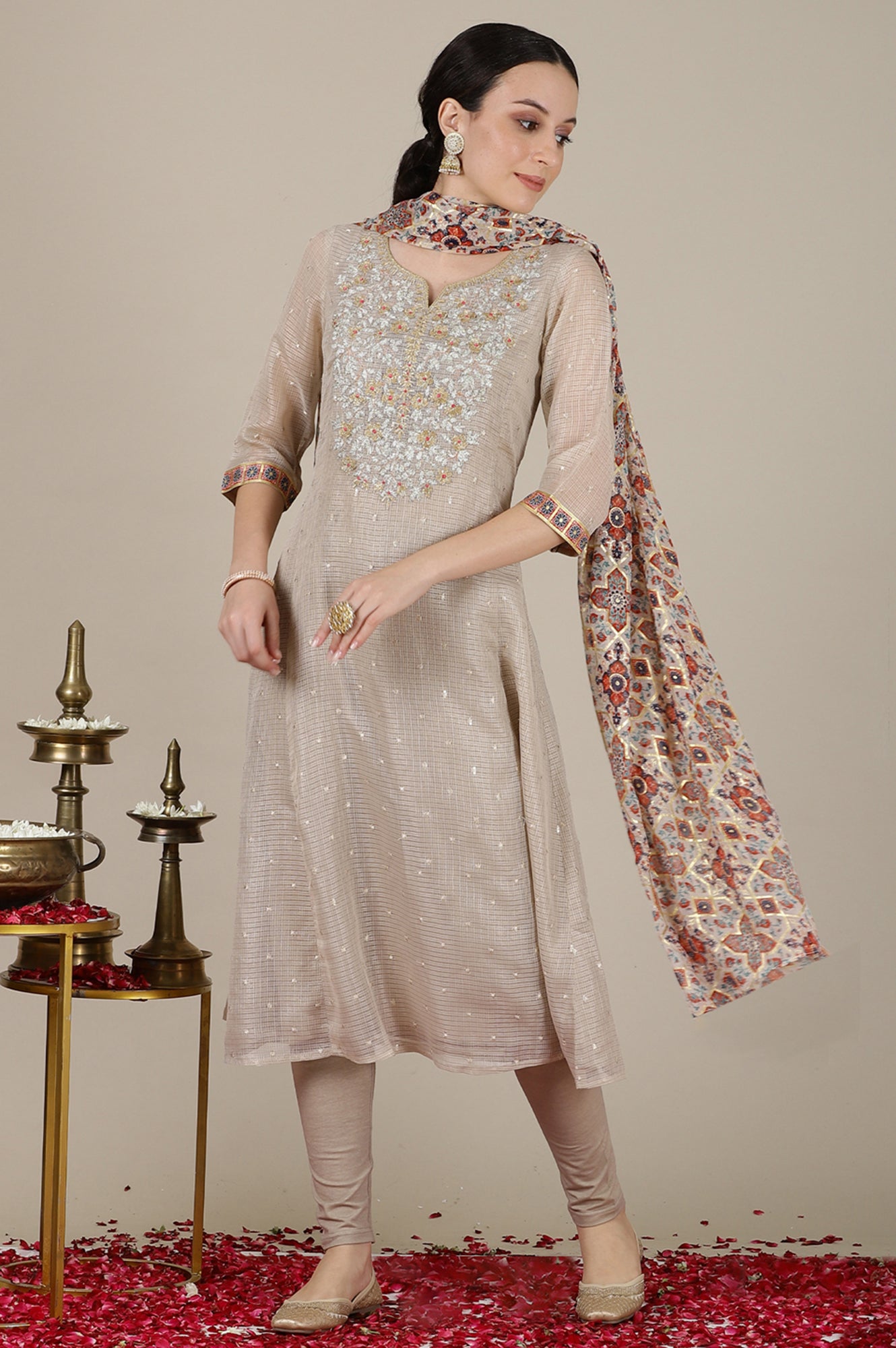 Grey Checker GotaPatti Embroidered A-line Kurta, Churidar and Dupatta Set