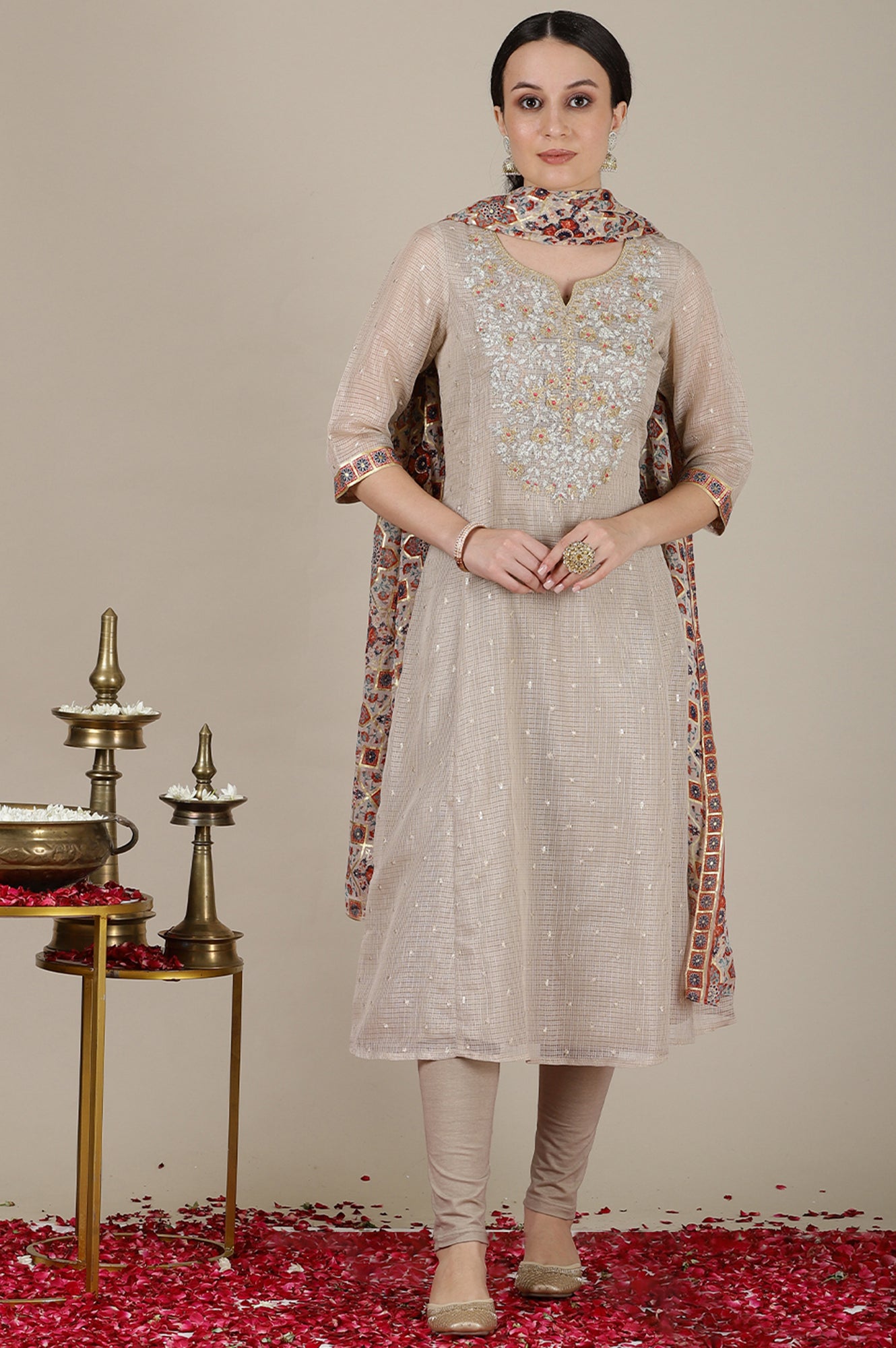 Grey Checker Gota Patti Embroidered A-line Kurta, Churidar and Dupatta Set