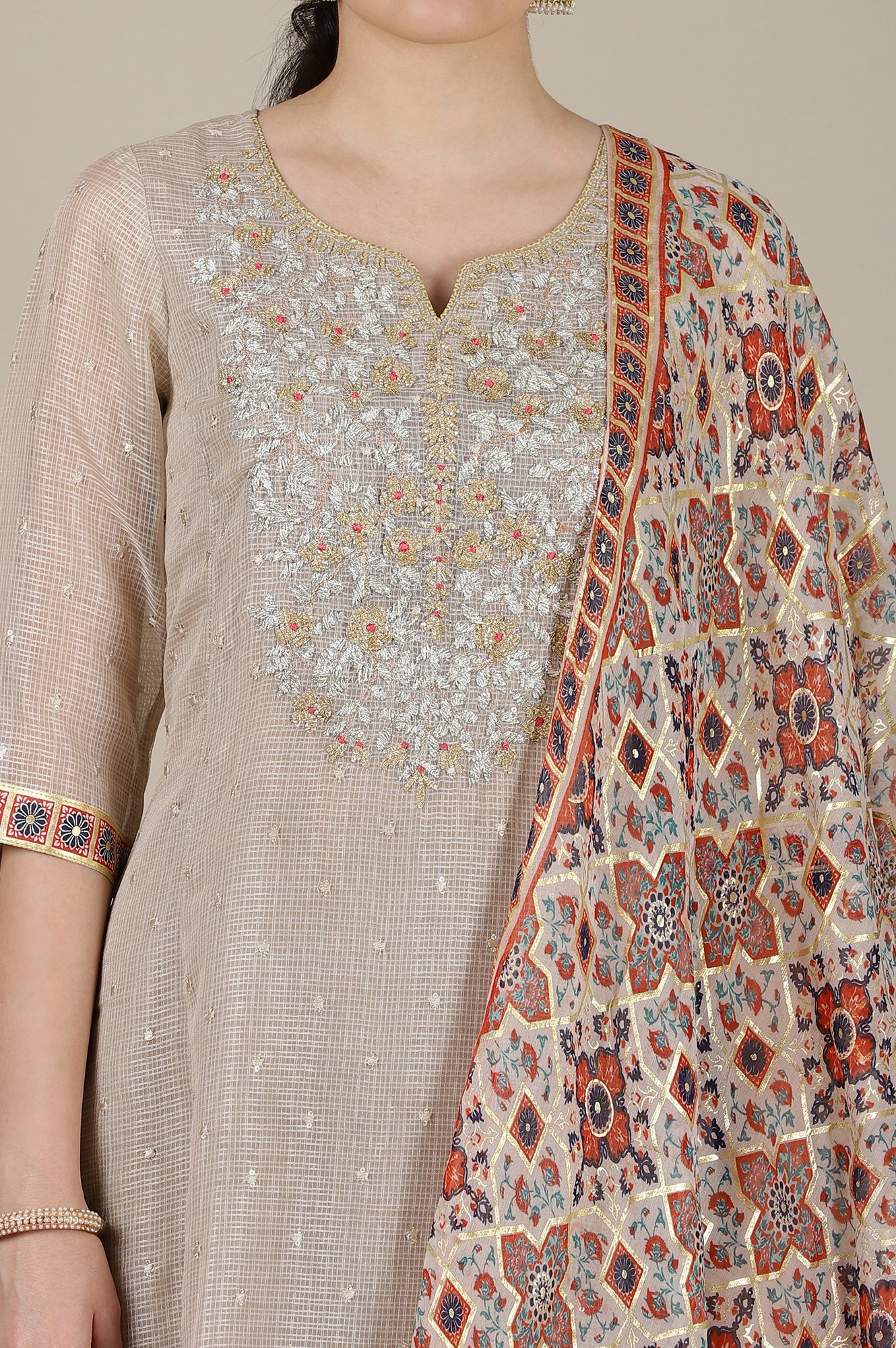 Grey Checker Gota Patti Embroidered A-line Kurta, Churidar and Dupatta Set