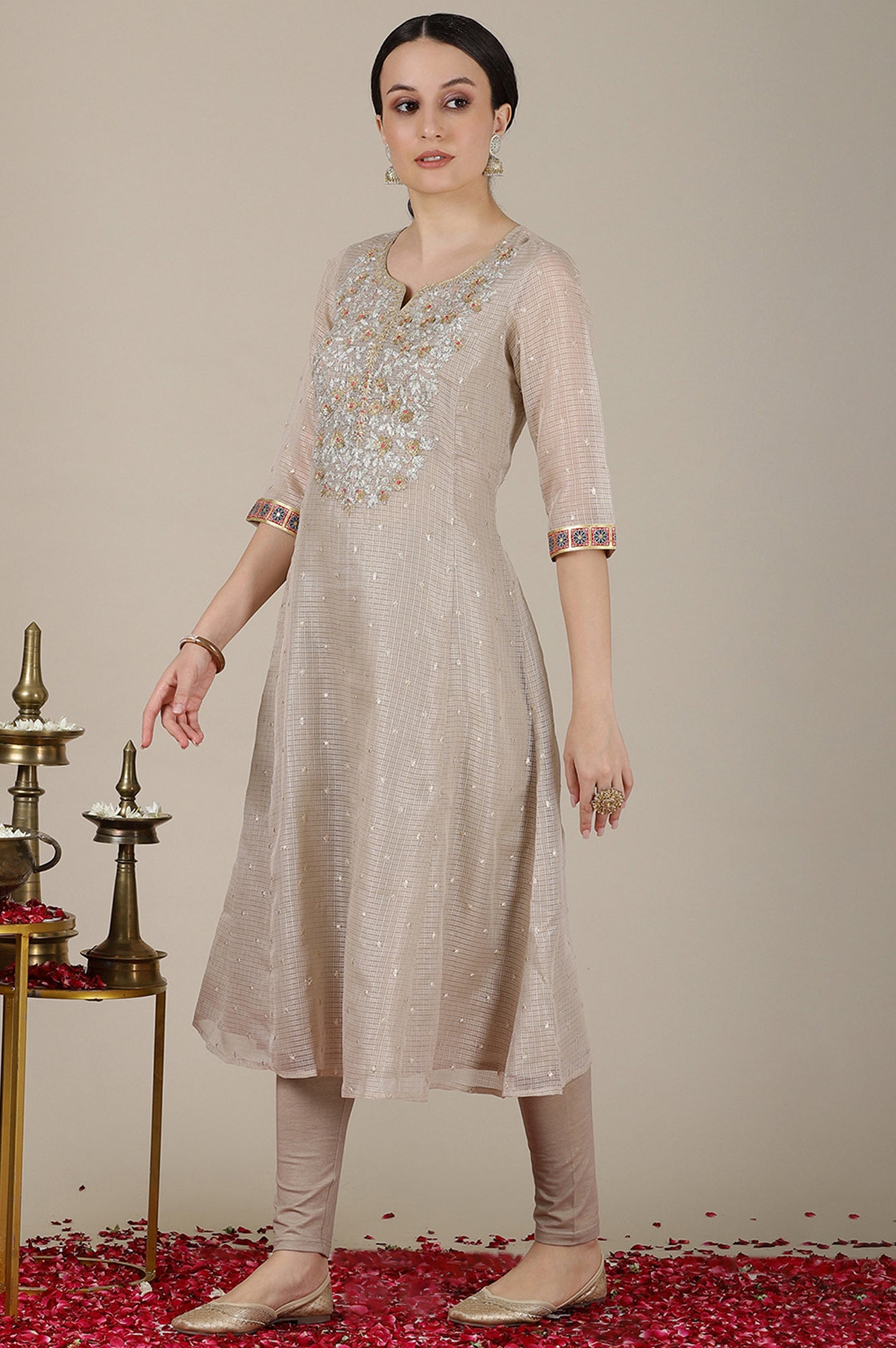 Grey Checker Gota Patti Embroidered A-line Kurta, Churidar and Dupatta Set