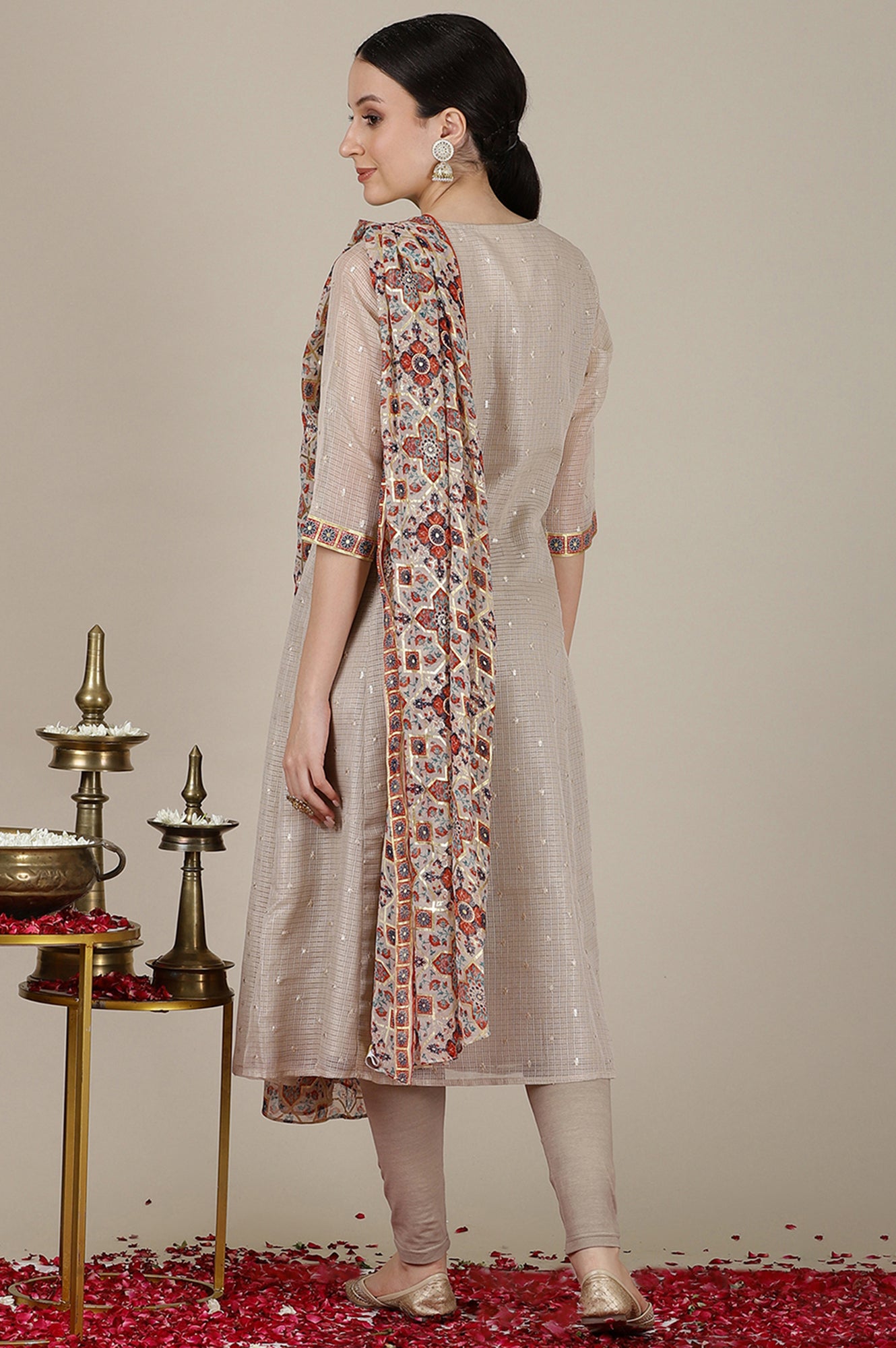 Grey Checker Gota Patti Embroidered A-line Kurta, Churidar and Dupatta Set