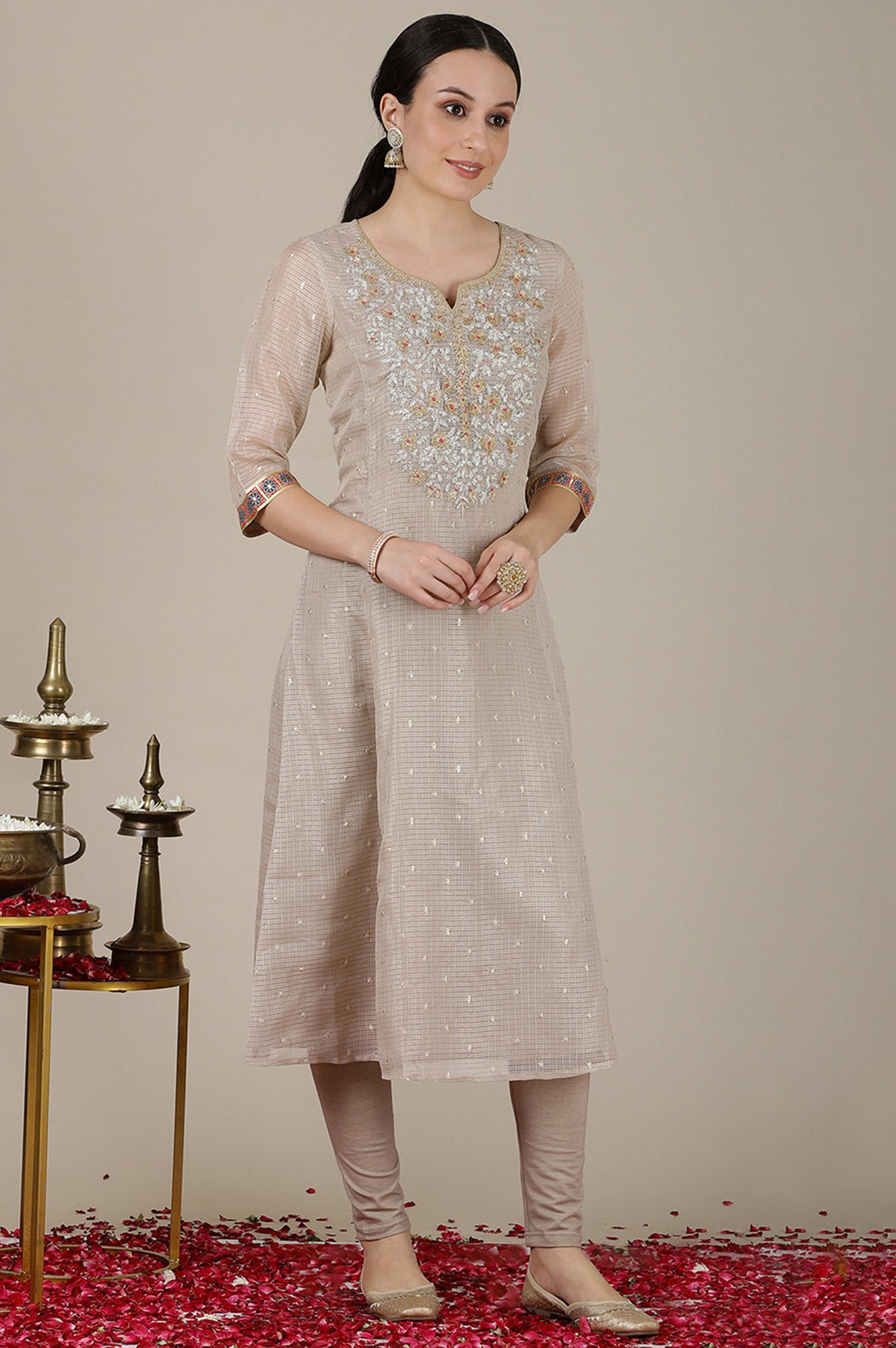 Grey Checker Gota Patti Embroidered A-line Kurta, Churidar and Dupatta Set