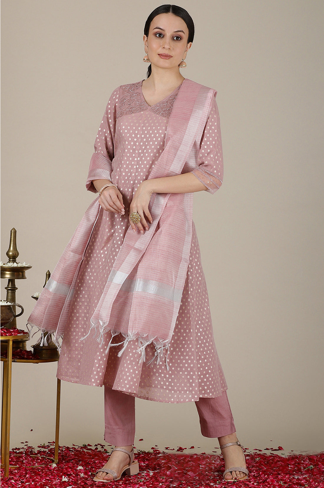 Onion Pink Yarn Dyed Dori Embroidered Anarkali Kurta, Trousers and Dupatta Set