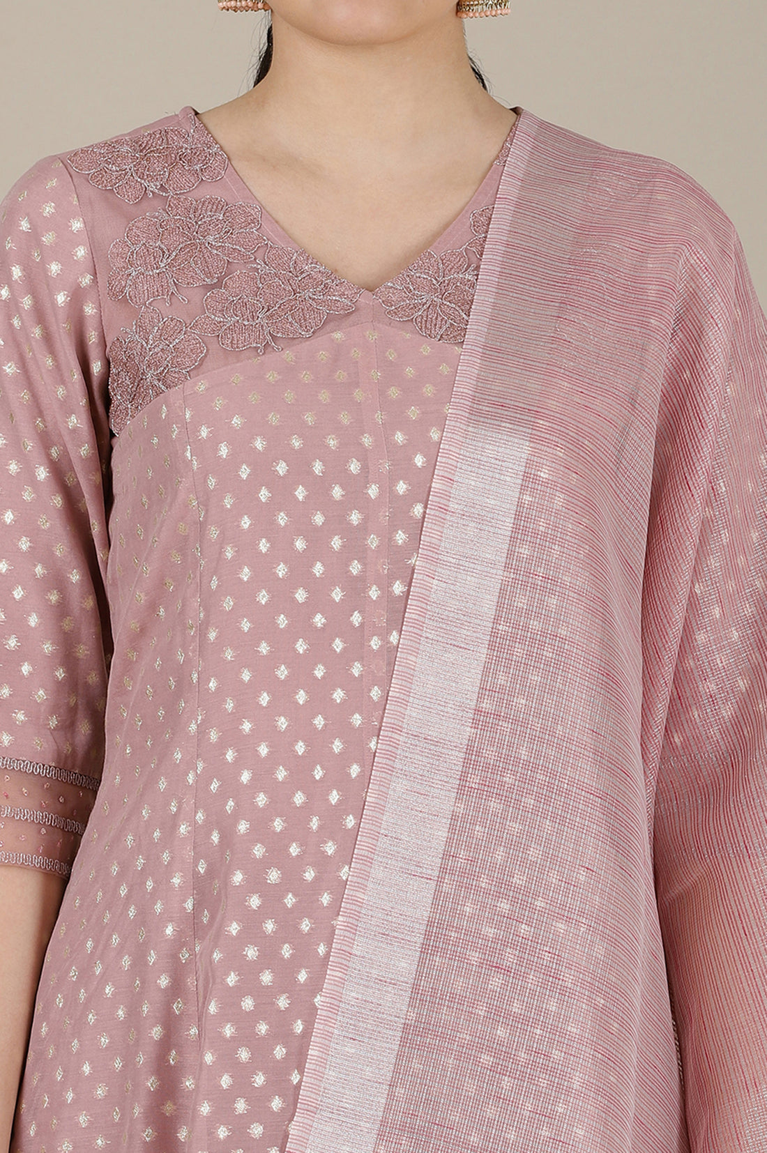 Onion Pink Yarn Dyed Dori Embroidered Anarkali Kurta, Trousers and Dupatta Set