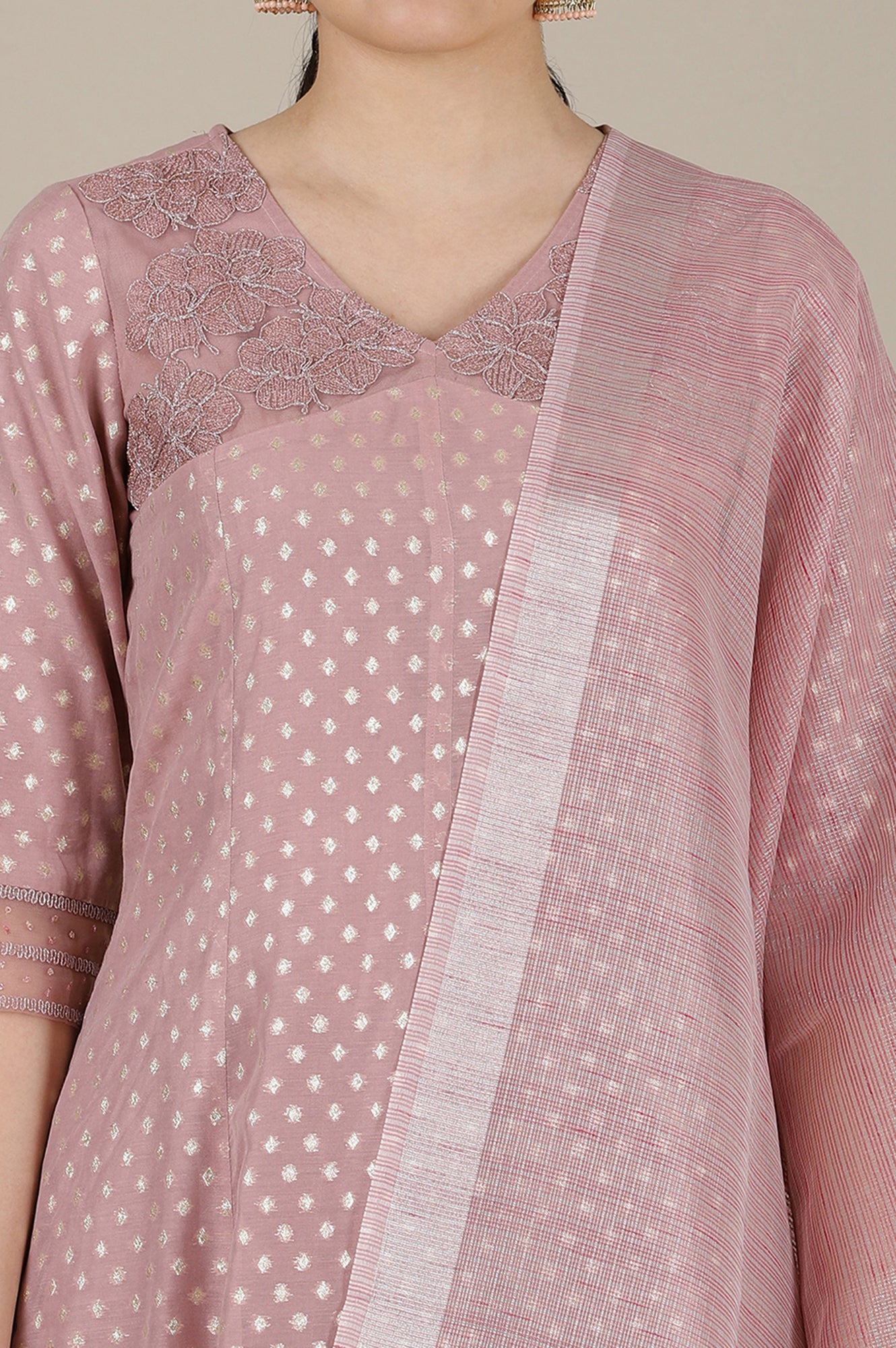 Onion Pink Yarn Dyed Dori Embroidered Anarkali Kurta, Trousers and Dupatta Set