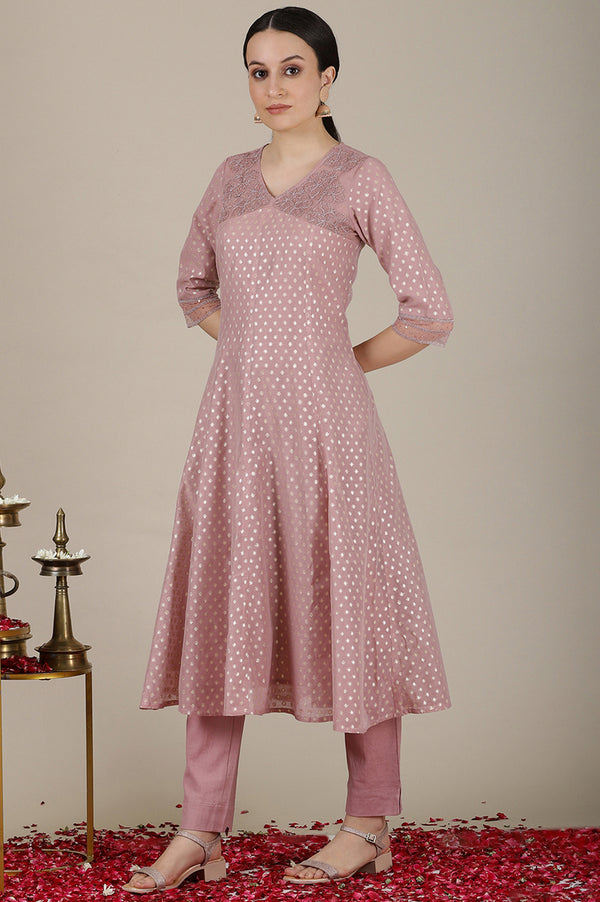 Onion Pink Yarn Dyed Dori Embroidered Anarkali Kurta, Trousers and Dupatta Set