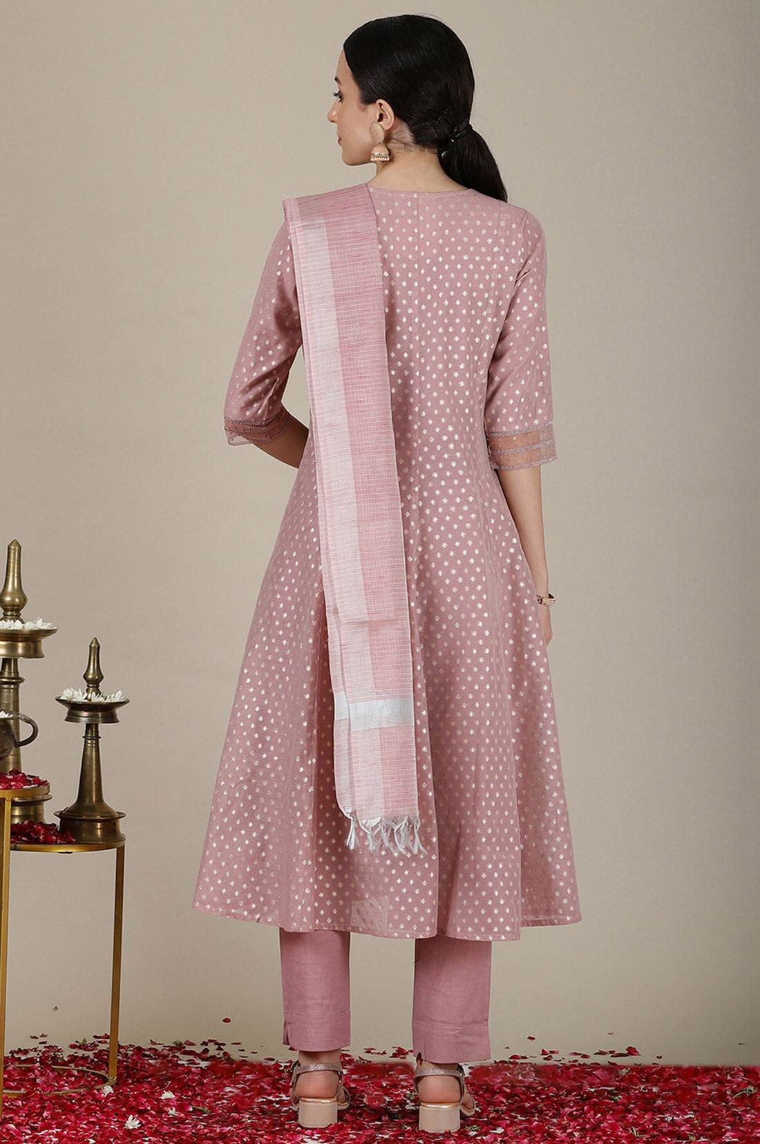 Onion Pink Yarn Dyed Dori Embroidered Anarkali Kurta, Trousers and Dupatta Set