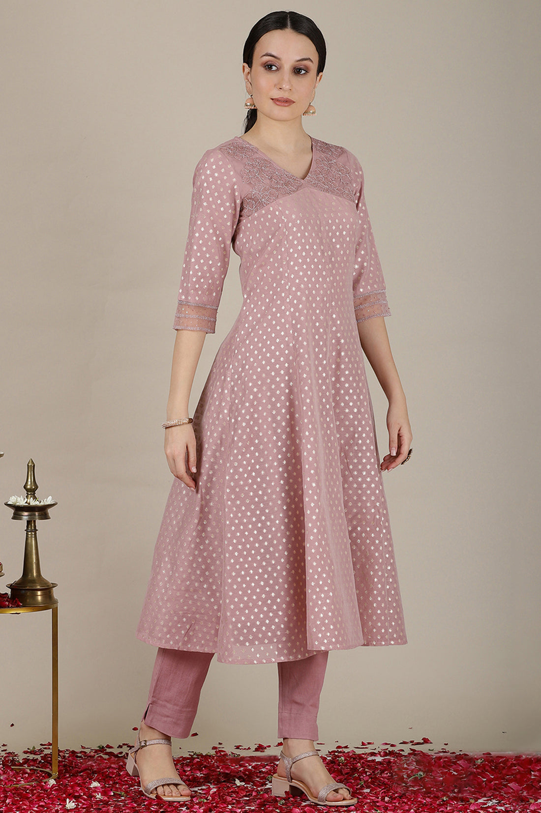 Onion Pink Yarn Dyed Dori Embroidered Anarkali Kurta, Trousers and Dupatta Set