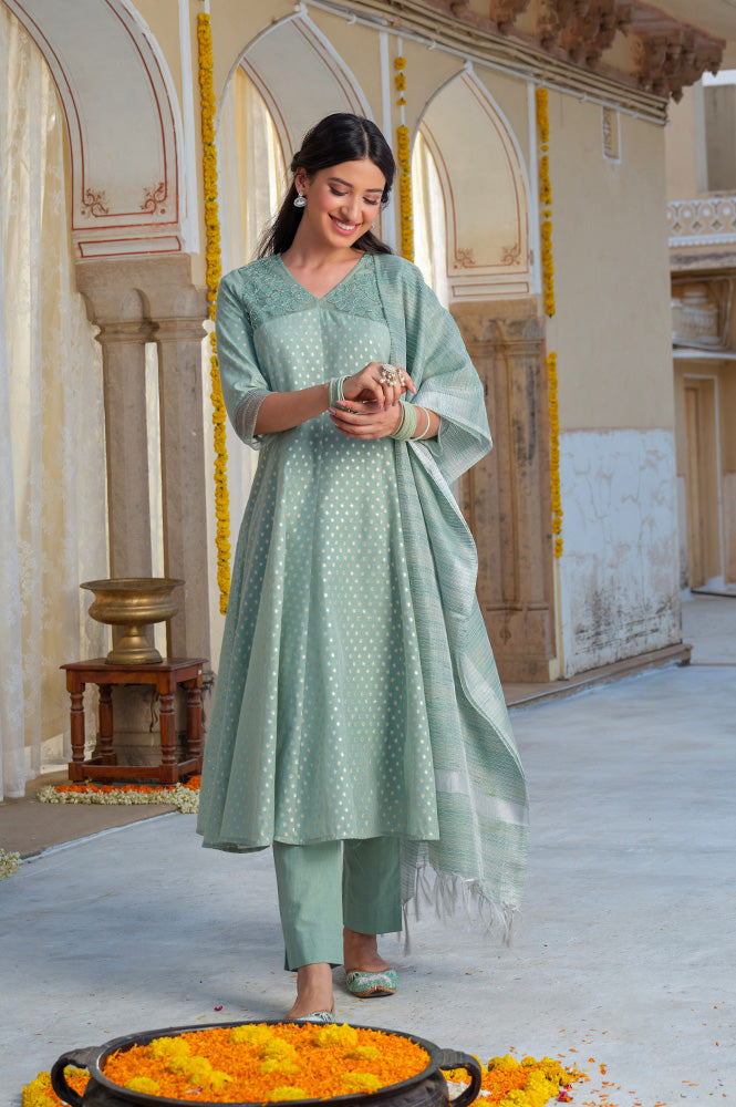 Mint Green Yarn Dyed Dori Embroidered Anarkali Kurta, Trousers and Dupatta Set