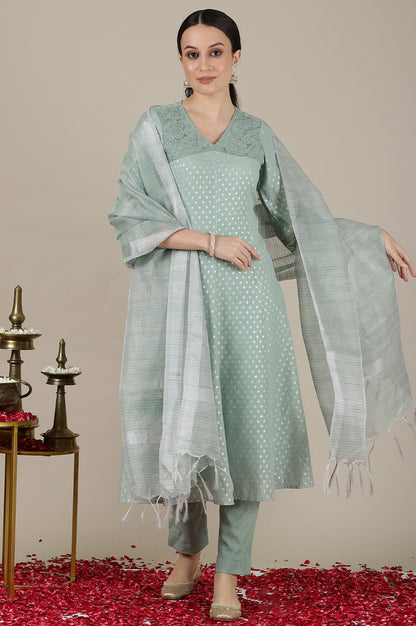 Mint Green Yarn Dyed Dori Embroidered Anarkali Kurta, Trousers and Dupatta Set