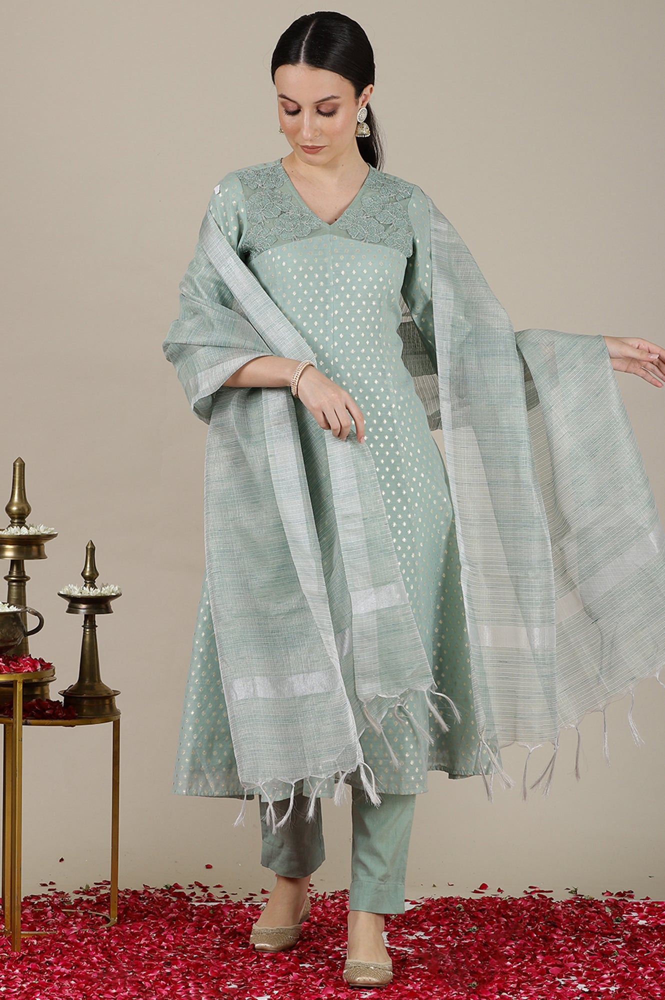 Mint Green Yarn Dyed Dori Embroidered Anarkali Kurta, Trousers and Dupatta Set