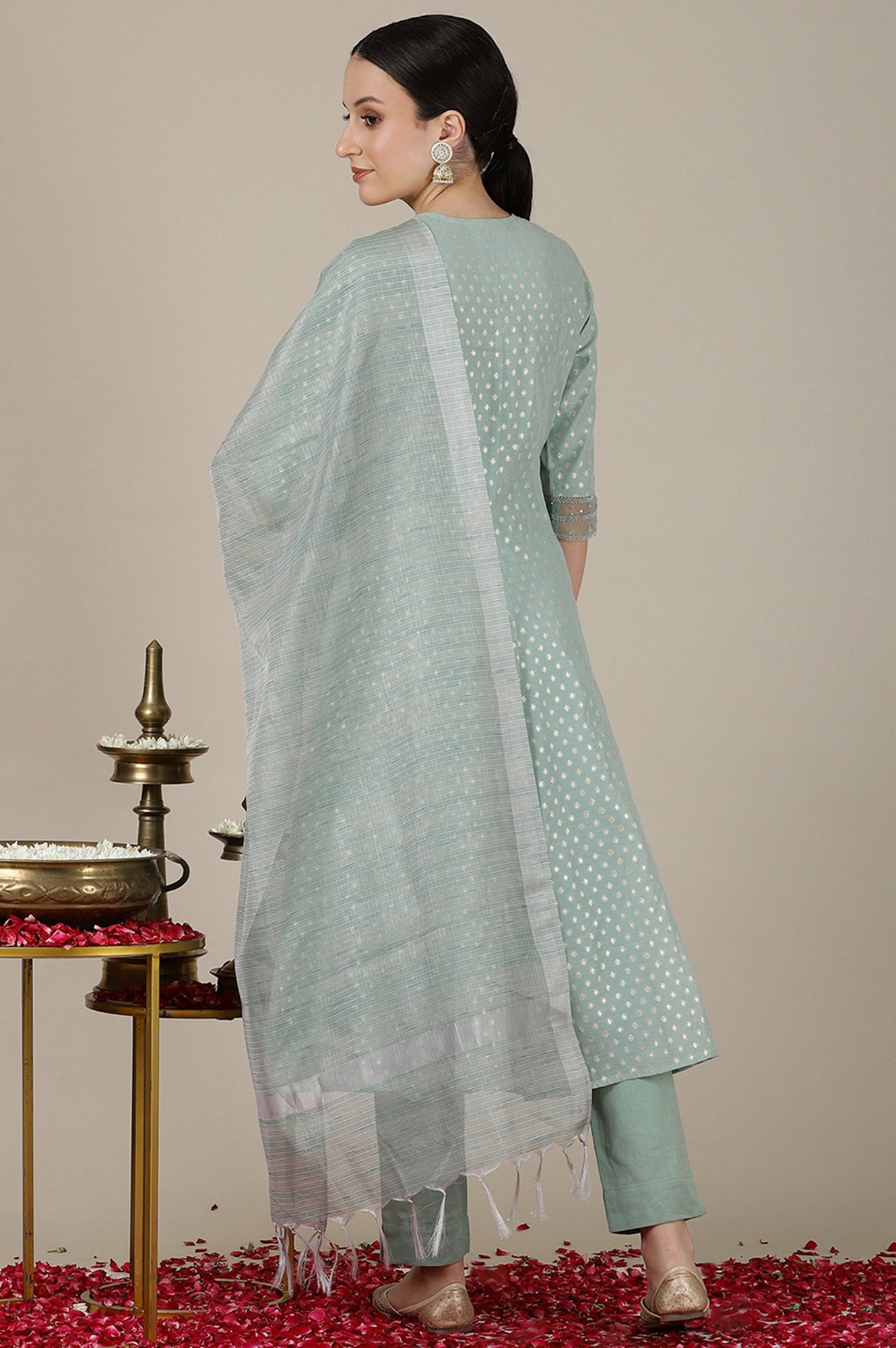 Mint Green Yarn Dyed Dori Embroidered Anarkali Kurta, Trousers and Dupatta Set