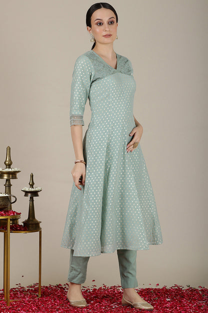 Mint Green Yarn Dyed Dori Embroidered Anarkali Kurta, Trousers and Dupatta Set