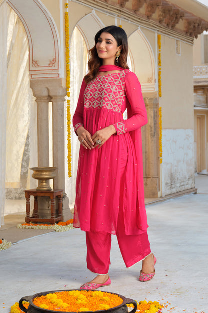 Pink Dori Embroidered Naira Cut Kurta, Palazzo and Stole Set