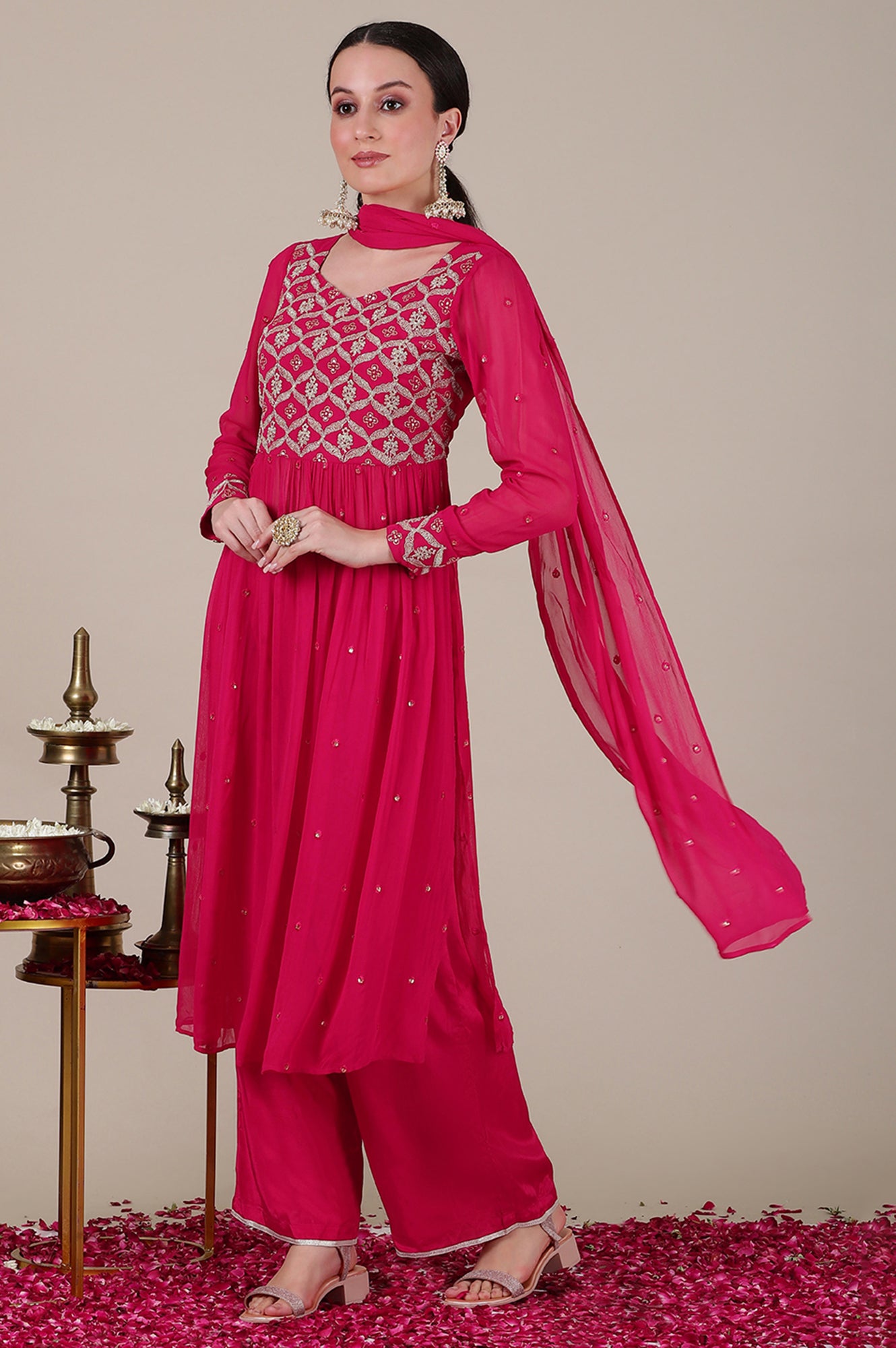 Pink Dori Embroidered Naira Cut Kurta, Palazzo and Stole Set