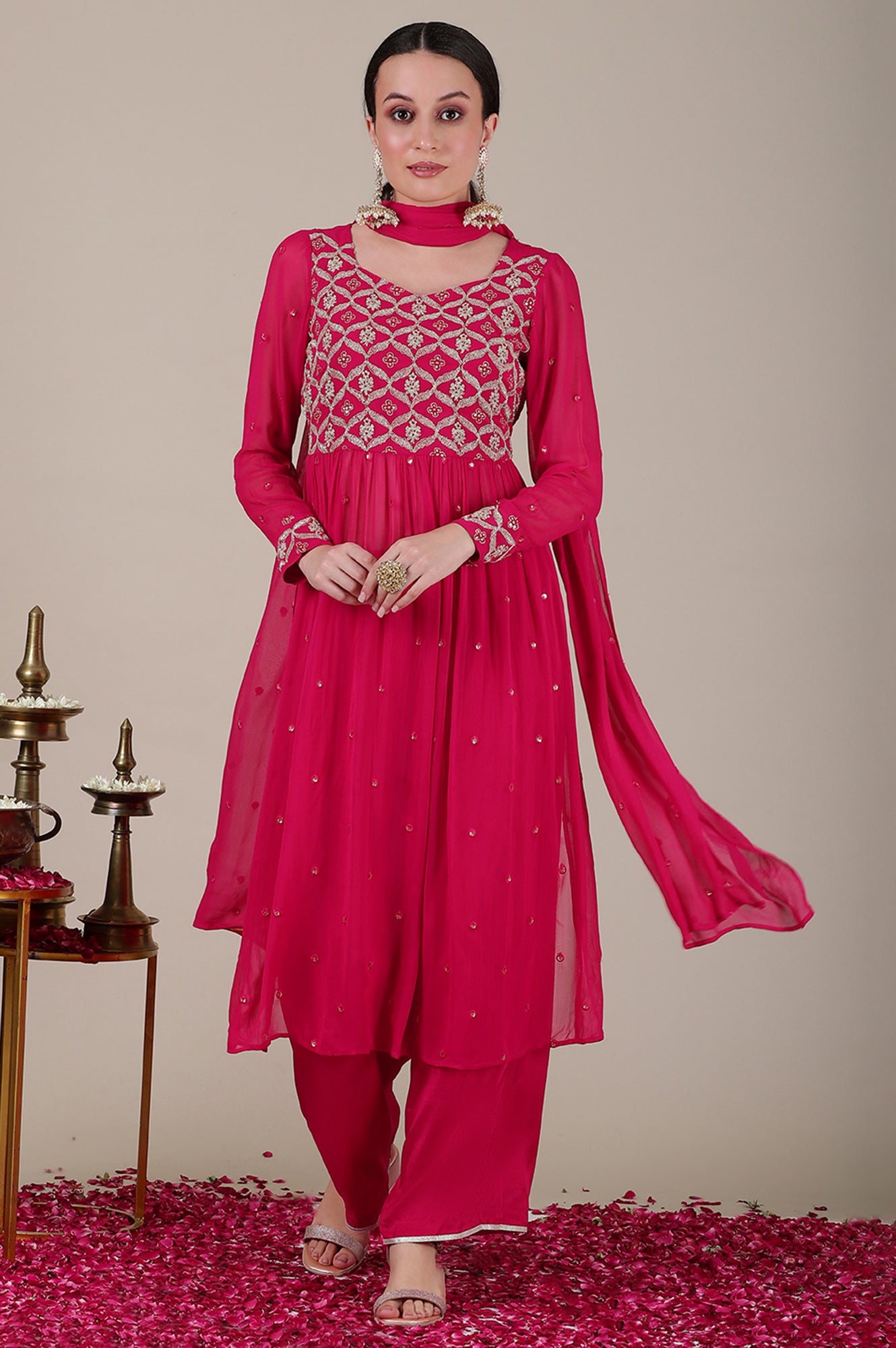 Pink Dori Embroidered Naira Cut Kurta, Palazzo and Stole Set