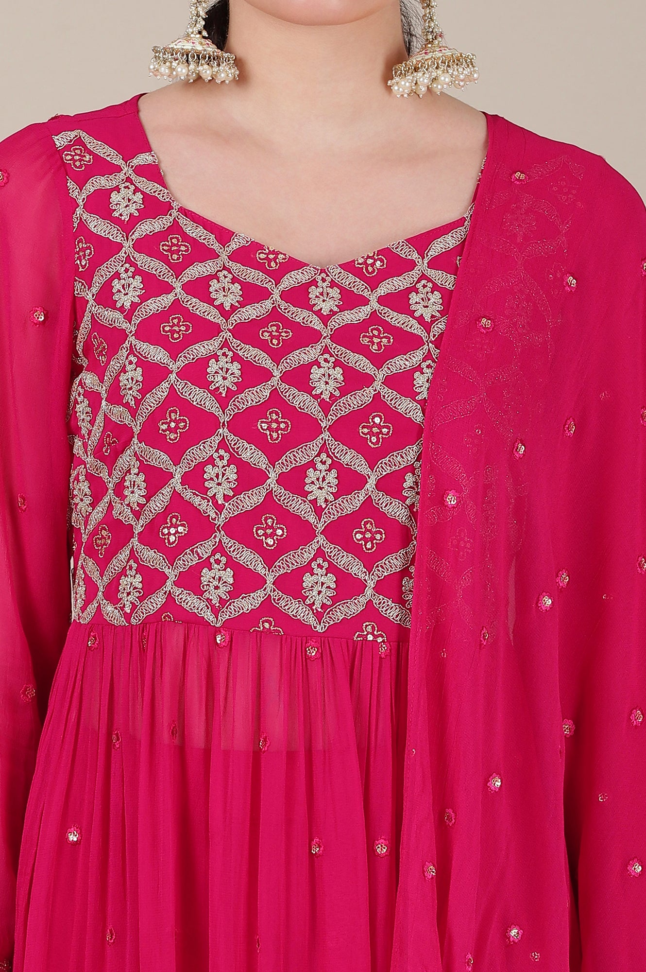 Pink Dori Embroidered Naira Cut Kurta, Palazzo and Stole Set