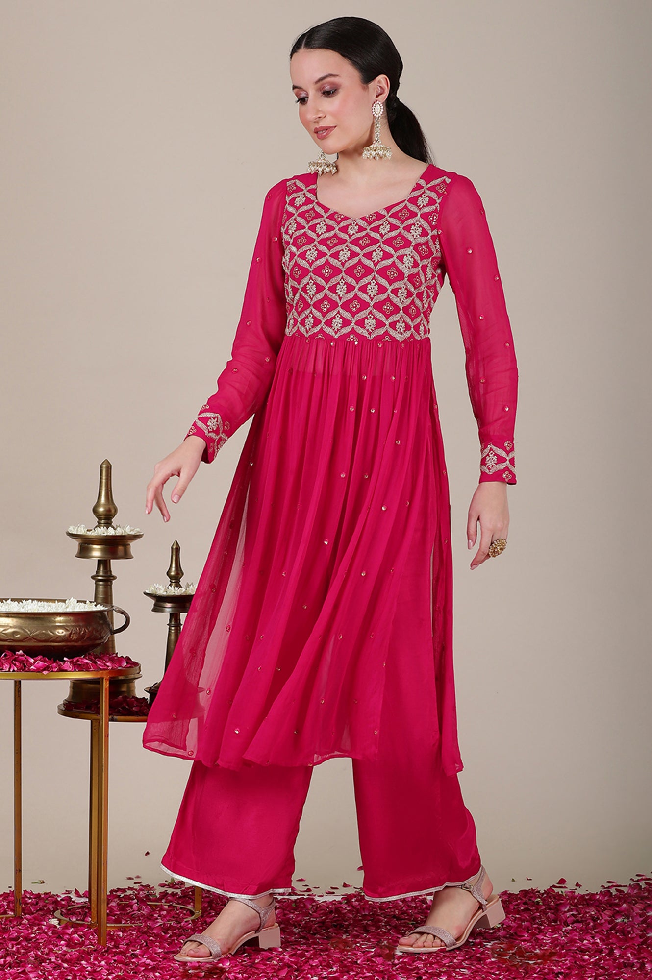 Pink Dori Embroidered Naira Cut Kurta, Palazzo and Stole Set