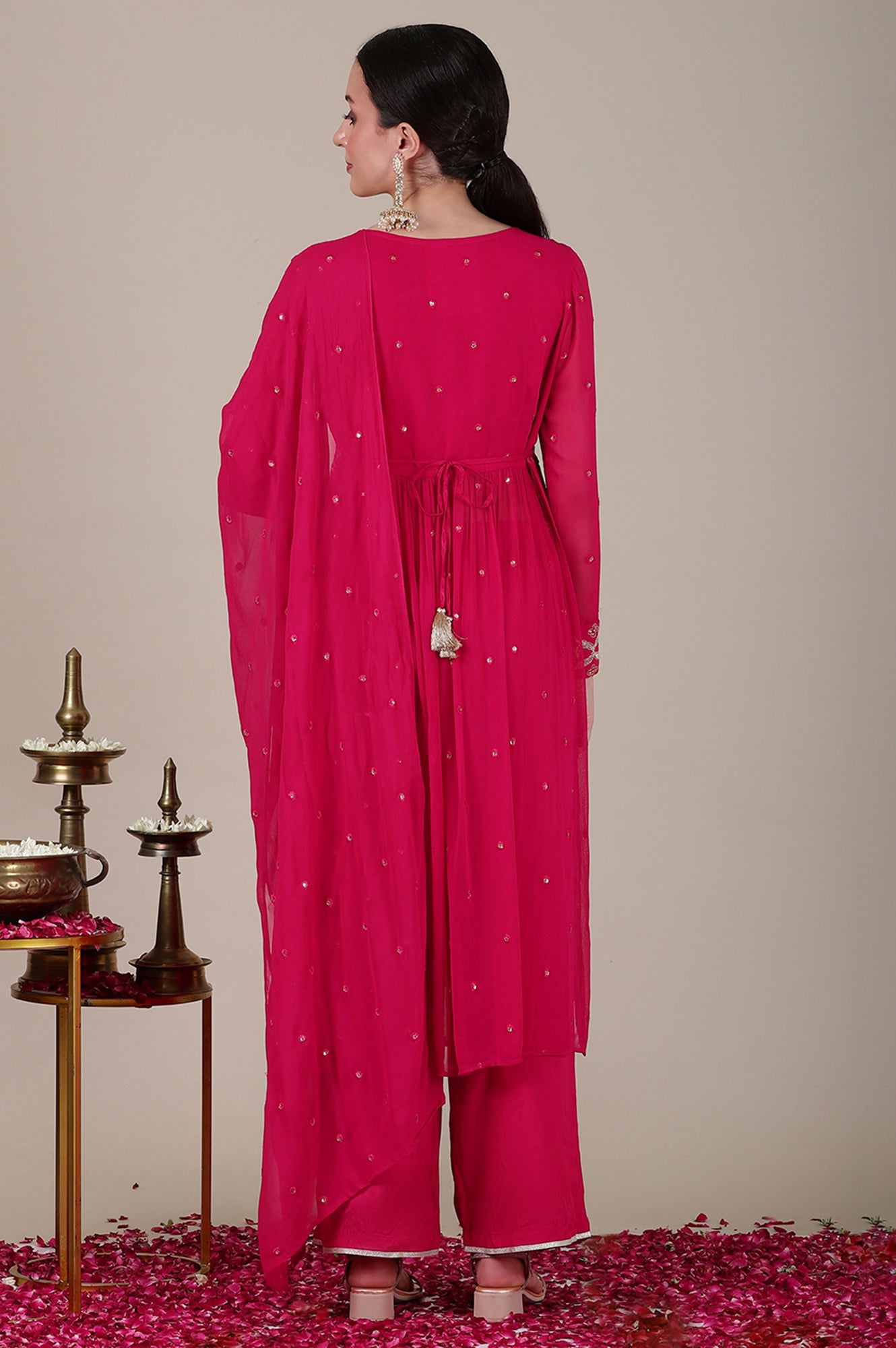 Pink Dori Embroidered Naira Cut Kurta, Palazzo and Stole Set