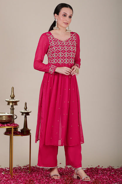 Pink Dori Embroidered Naira Cut Kurta, Palazzo and Stole Set