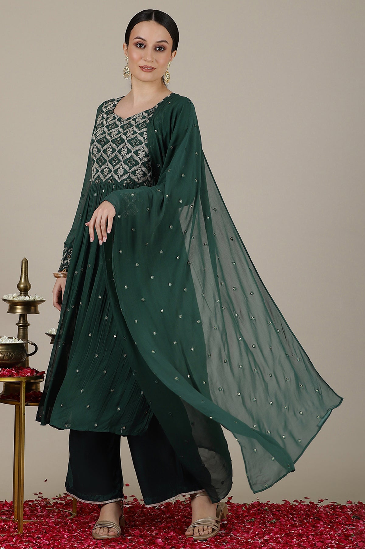 Forest Green Dori Embroidered Naira Cut Kurta, Palazzo and Stole Set - S