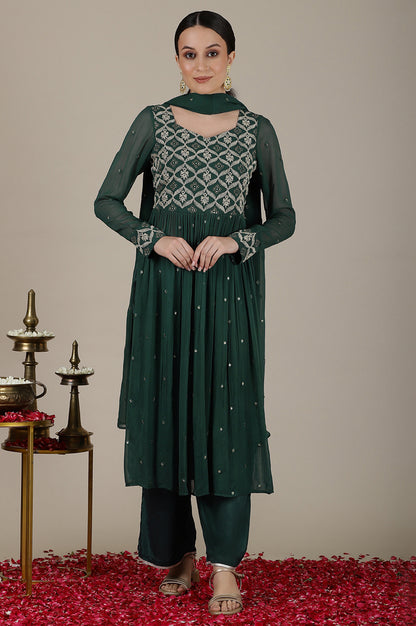 Forest Green Dori Embroidered Naira Cut Kurta, Palazzo and Stole Set