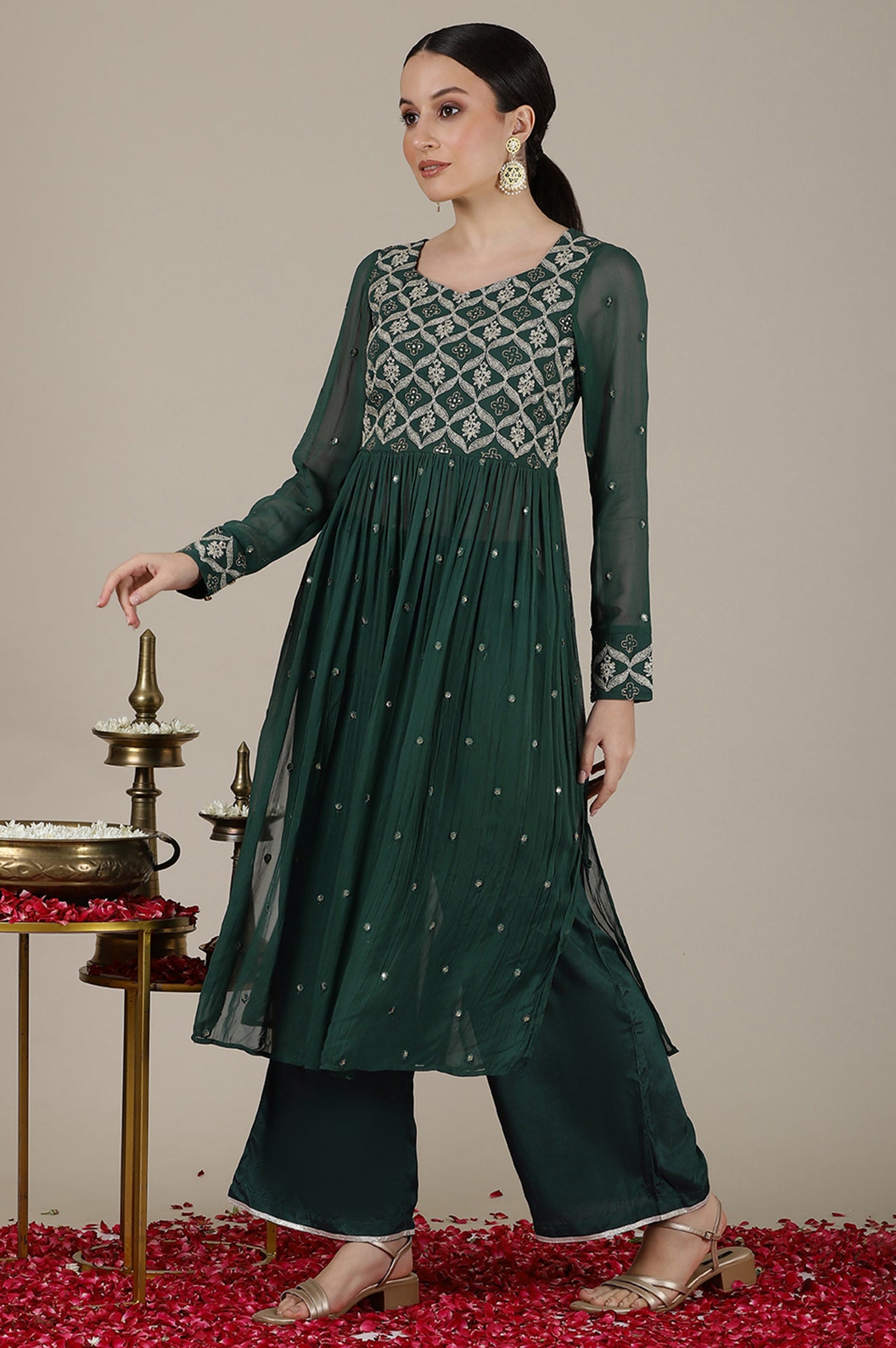 Forest Green Dori Embroidered Naira Cut Kurta, Palazzo and Stole Set