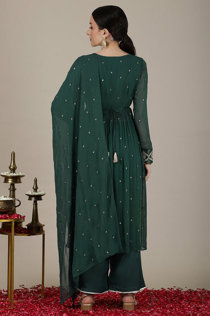 Forest Green Dori Embroidered Naira Cut Kurta, Palazzo and Stole Set