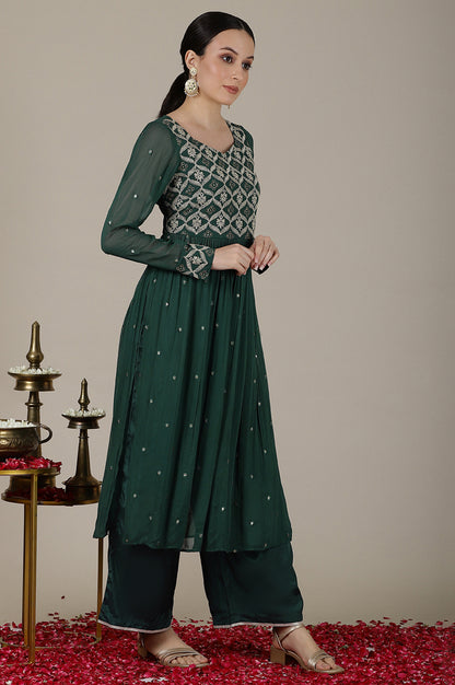 Forest Green Dori Embroidered Naira Cut Kurta, Palazzo and Stole Set