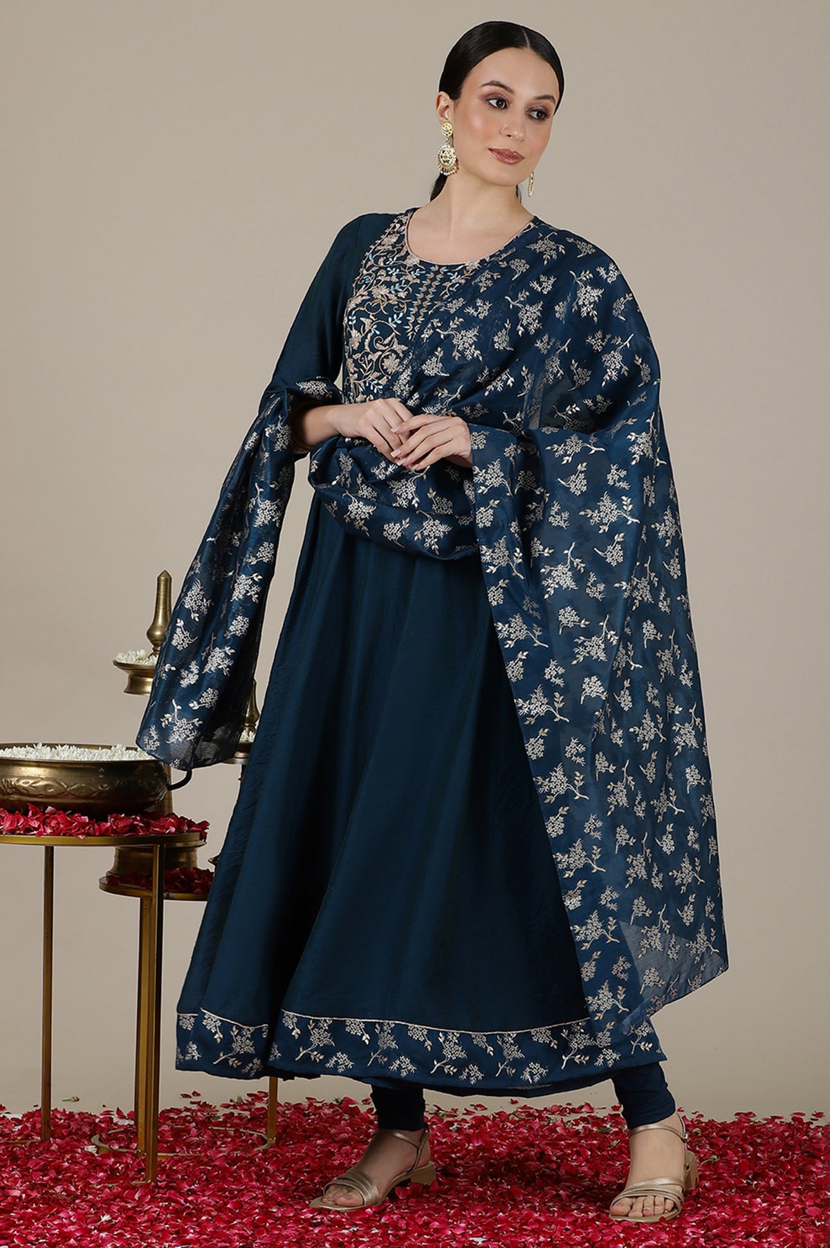 Teal Gota Patti Embroidered Anarkali Kurta, Churidar and Jacquard Dupatta - S