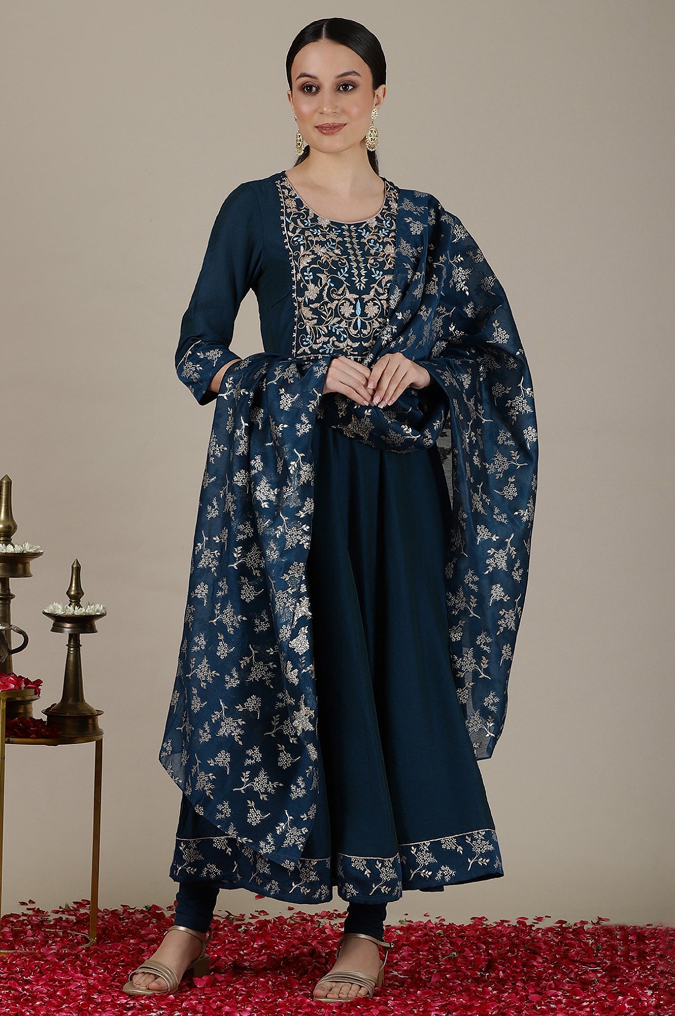 Teal Gota Patti Embroidered Anarkali Kurta, Churidar and Jacquard Dupatta