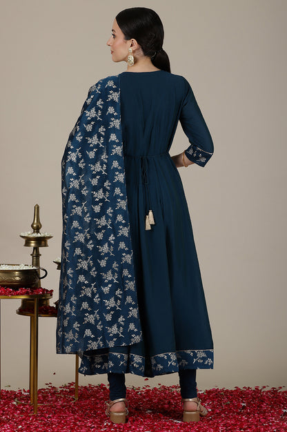 Teal Gota Patti Embroidered Anarkali Kurta, Churidar and Jacquard Dupatta