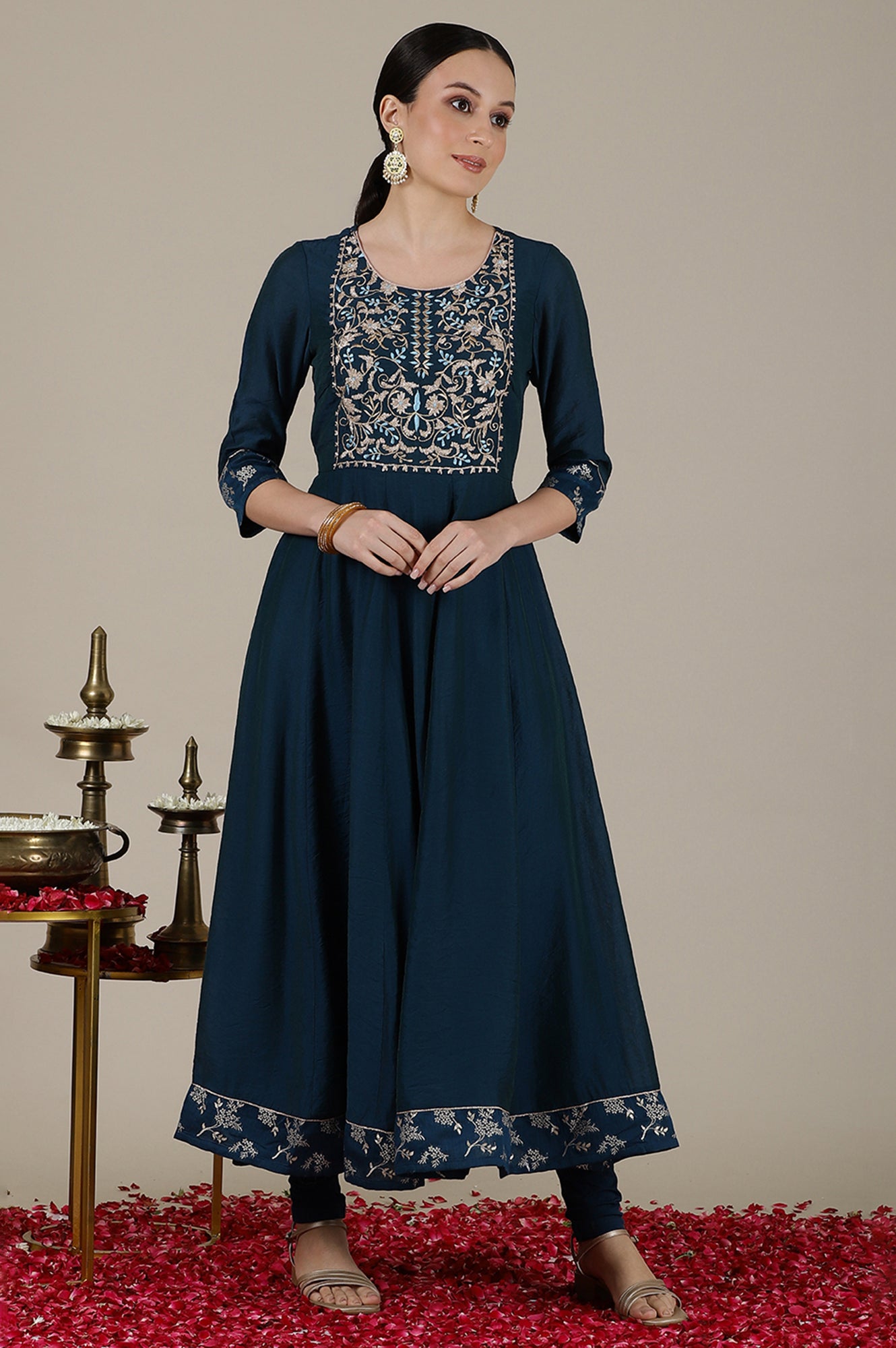 Teal Gota Patti Embroidered Anarkali Kurta, Churidar and Jacquard Dupatta