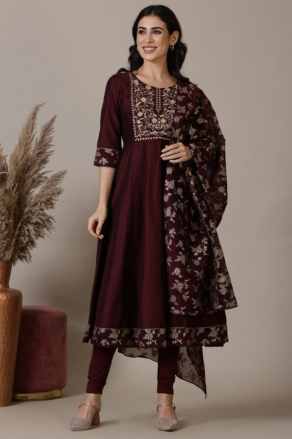 Maroon Gota Patti Embroidered Anarkali Kurta, Churidar and Jacquard Dupatta