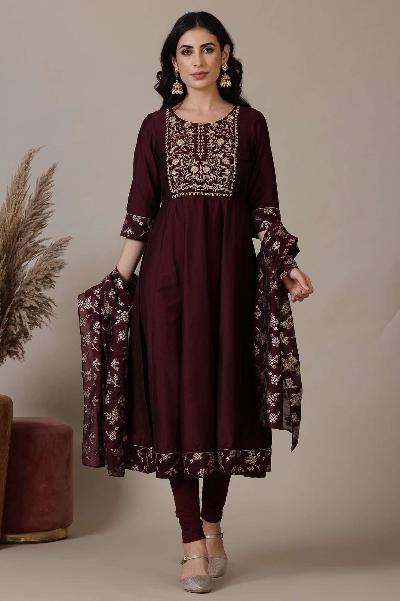 Maroon Gota Patti Embroidered Anarkali Kurta, Churidar and Jacquard Dupatta