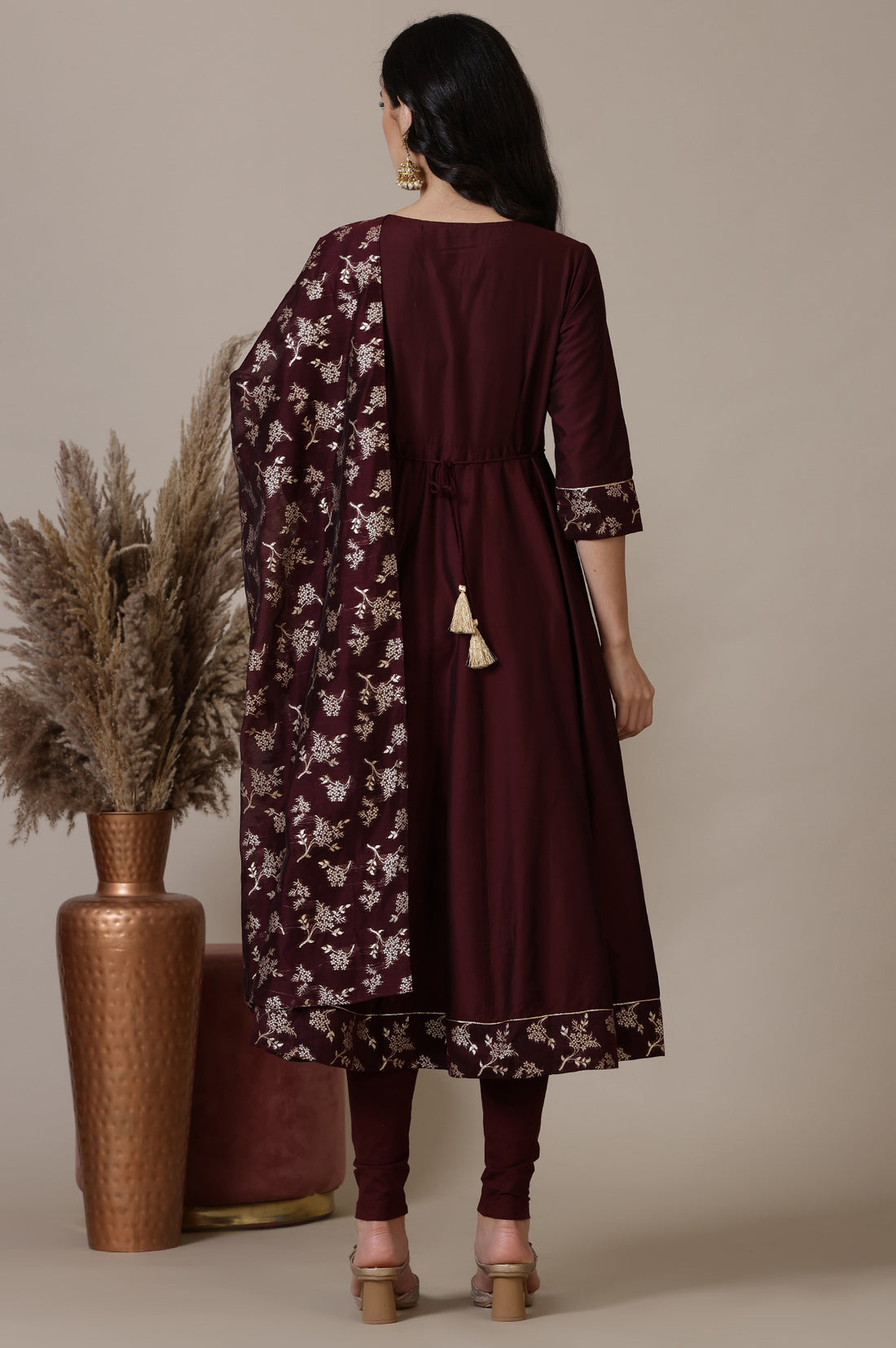 Maroon Gota Patti Embroidered Anarkali Kurta, Churidar and Jacquard Dupatta