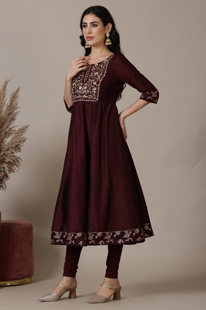 Maroon Gota Patti Embroidered Anarkali Kurta, Churidar and Jacquard Dupatta