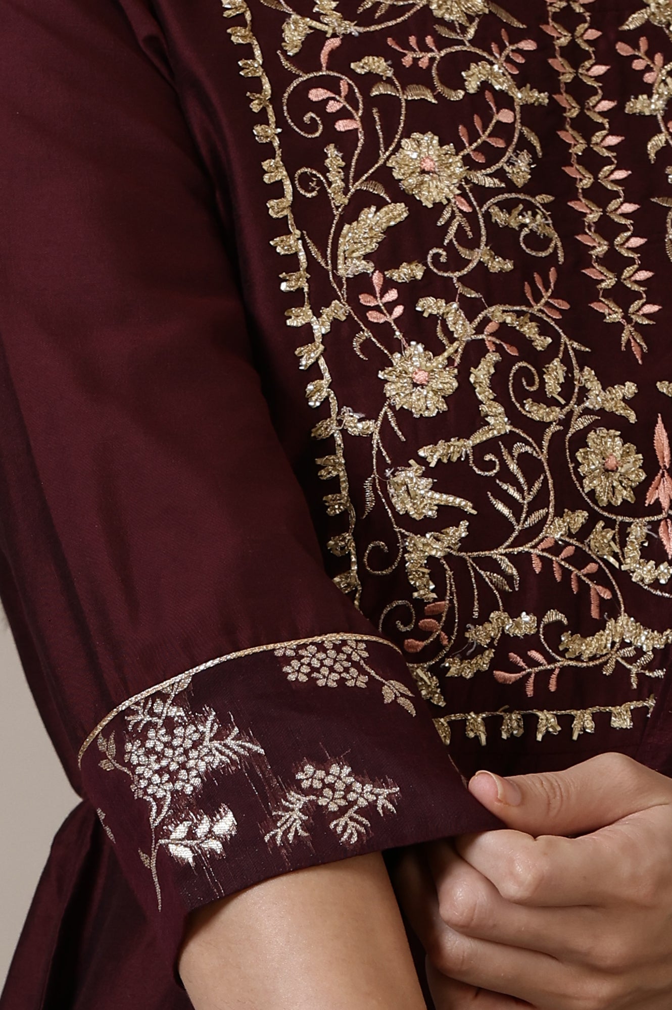 Maroon Gota Patti Embroidered Anarkali Kurta, Churidar and Jacquard Dupatta