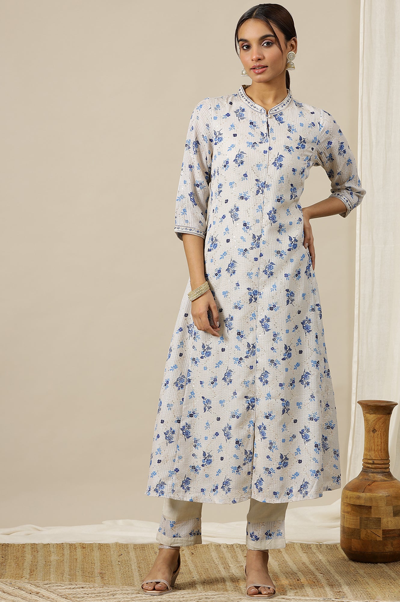 Cream Floral Printed Zari Embroidered Flared Kurta and Pants Co-ord Set