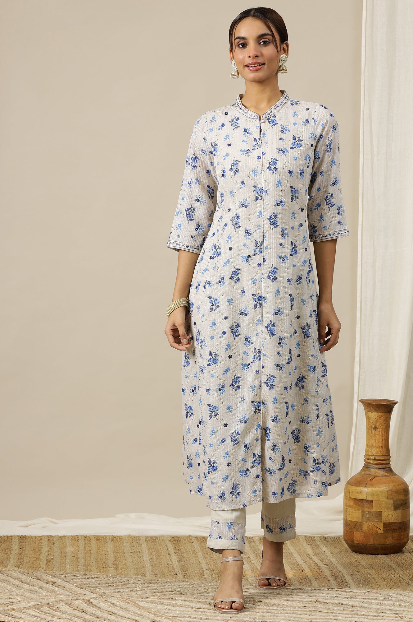 Cream Floral Printed Zari Embroidered Flared Kurta and Pants Co-ord Set