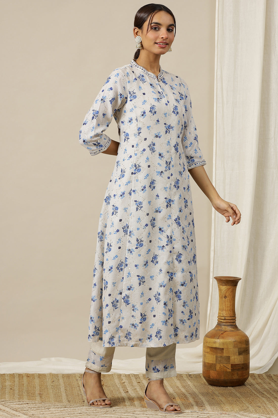 Cream Floral Printed Zari Embroidered Flared Kurta and Pants Co-ord Set