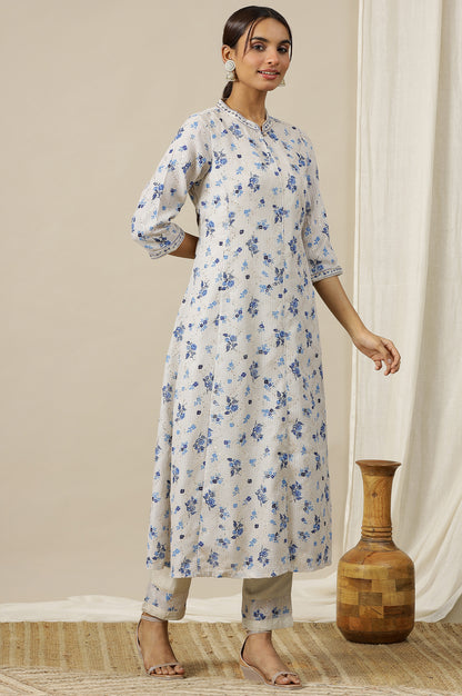 Cream Floral Printed Zari Embroidered Flared Kurta and Pants Co-ord Set