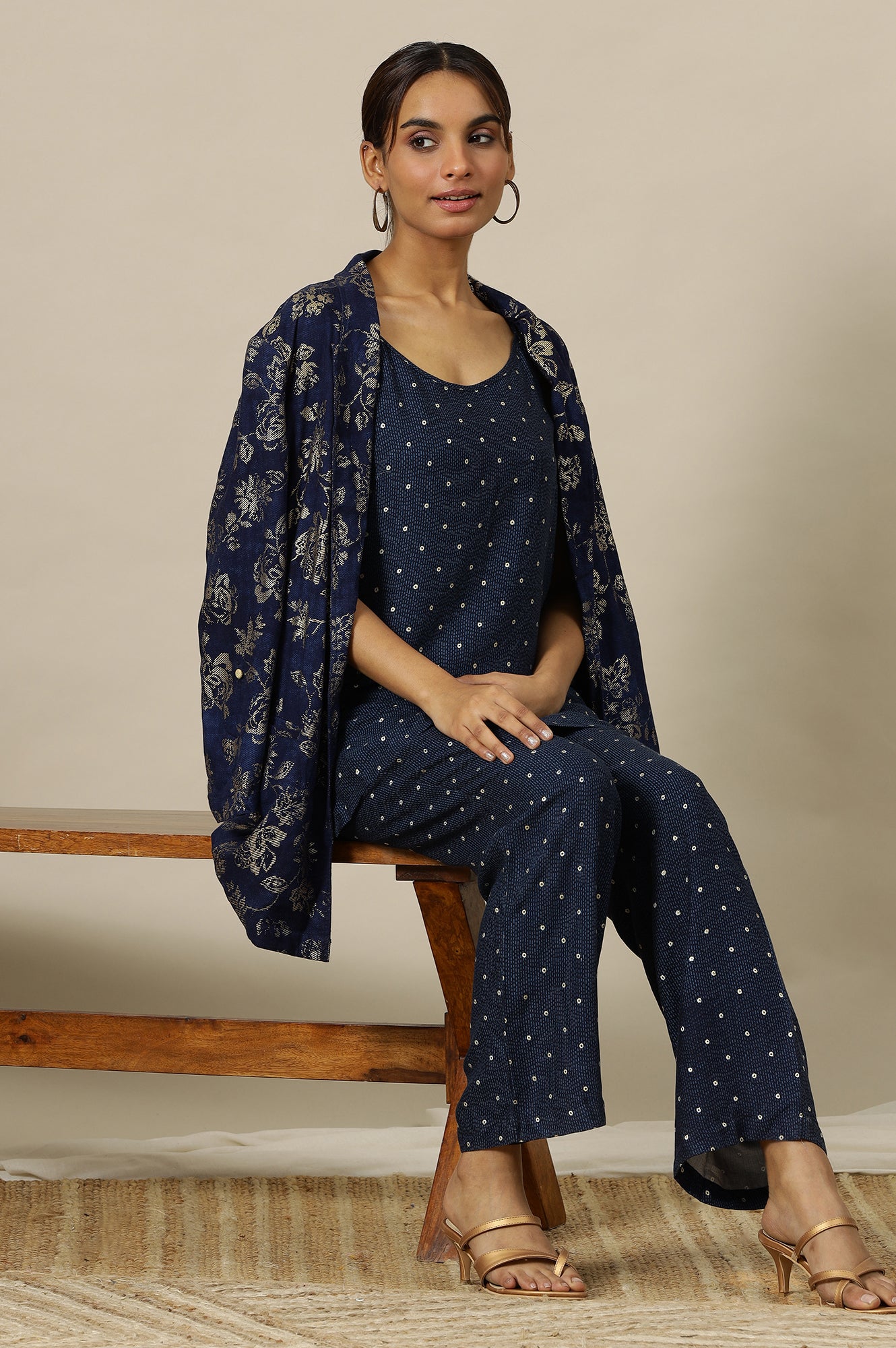 Blue Foil Floral Printed Blazer, Spaghetti Kurti and Trousers Set