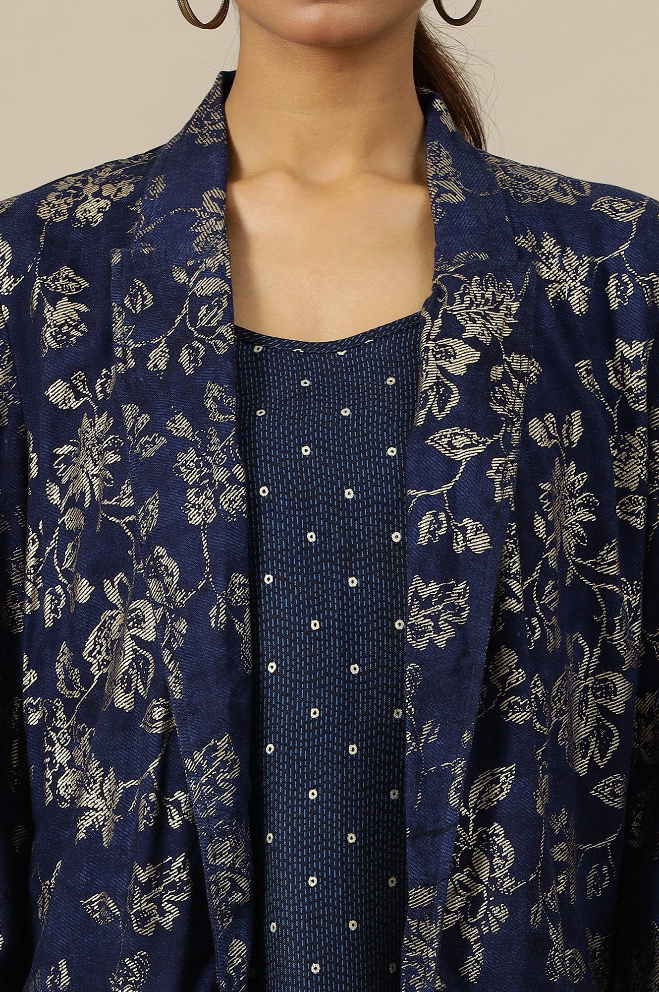 Blue Foil Floral Printed Blazer, Spaghetti Kurti and Trousers Set