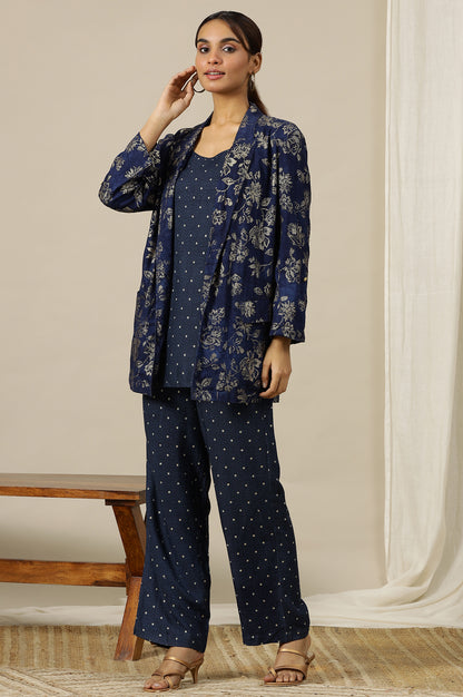 Blue Foil Floral Printed Blazer, Spaghetti Kurti and Trousers Set