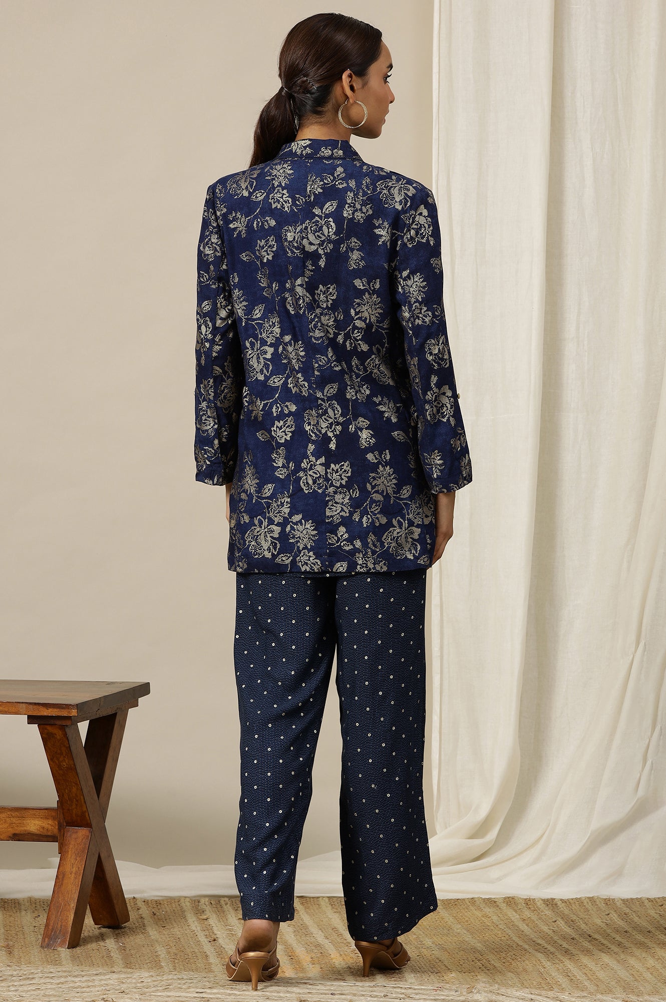 Blue Foil Floral Printed Blazer, Spaghetti Kurti and Trousers Set