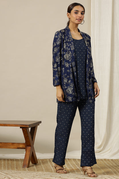 Blue Foil Floral Printed Blazer, Spaghetti Kurti and Trousers Set