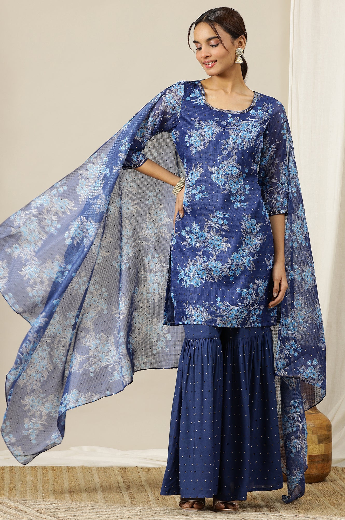 Blue Floral Printed Zari Embroidered Short Kurti, Tiered Sharara and Dupatta Set