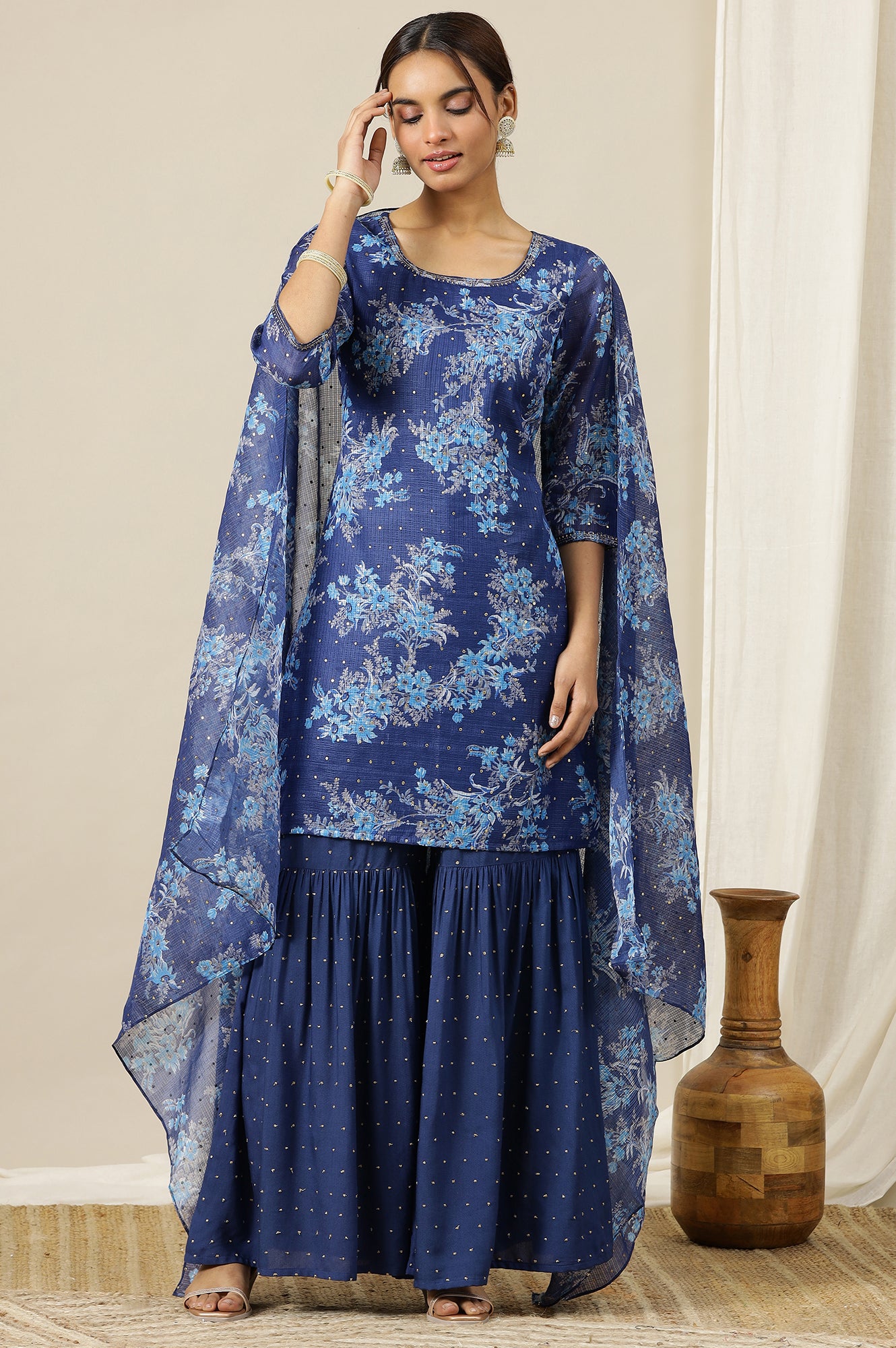 Blue Floral Printed Zari Embroidered Short Kurti, Tiered Sharara and Dupatta Set