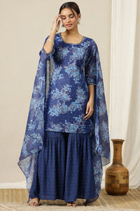 Blue Floral Printed Zari Embroidered Short Kurti, Tiered Sharara and Dupatta Set